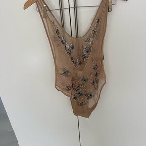 Nude Mesh Embroidered Butterfly Bodysuit by Monarch Reign